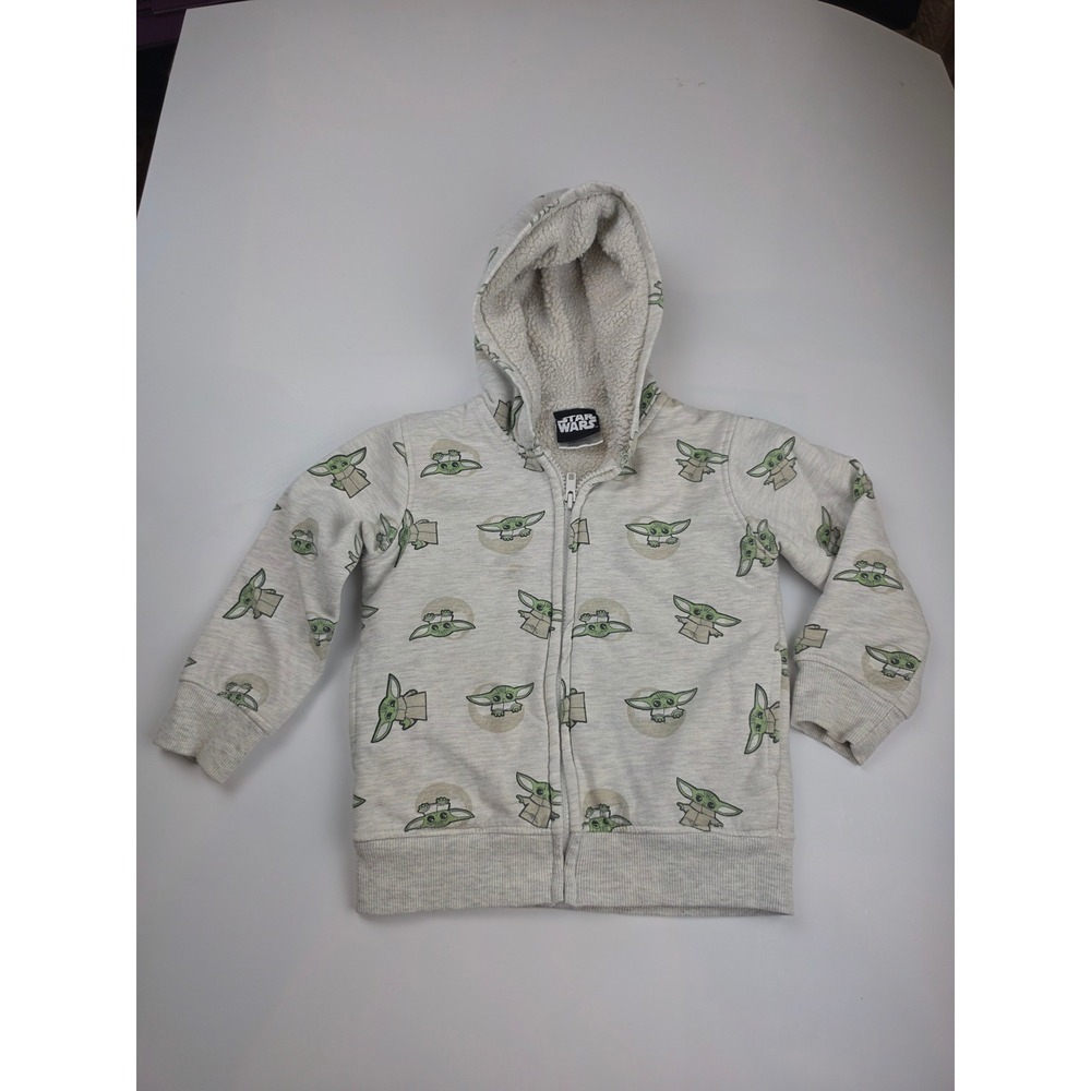 Star Wars Baby Yoda Grogu Zip Hoodie Kids 4T Gray Sherpa Lined GUC